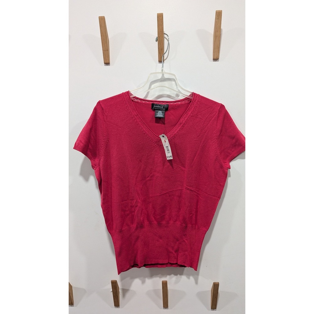 George ME Mark Eisen Vintage Y2K Rose Peony Pink V-Neck Short Sleeve Sweater L